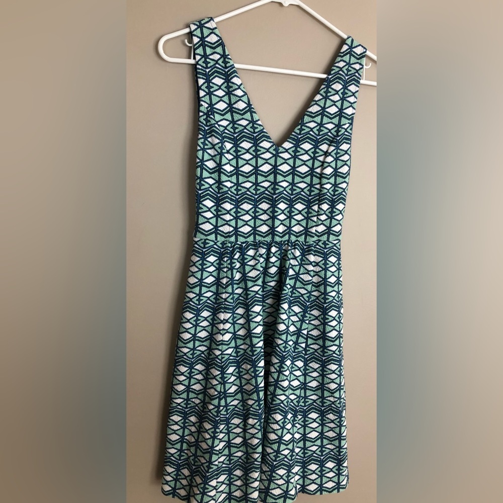 ANTHROPOLOGIE MAEVE Blue & Green Abstract Sleeveless Dress  Cut Out Back  Size 2